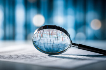 Magnifying glass focusing on detailed stock market charts with blurred background lights in a close-up view for financial analysis and research concepts