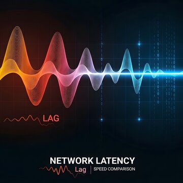 Abstract visualization of network latency and lag with colorful sound wave graph