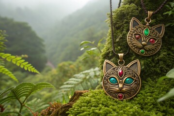 Unique Cat-Shaped Pendants Crafted With Colorful Gemstones in Lush Green Forest
