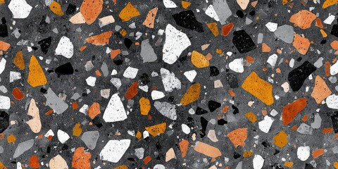 Abstract Terrazzo Stone Pattern with Multicolored Fragments on Black Background