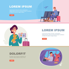 Travel with pets. male and female tourists travelling with domestic animals dogs and cats. vector banners