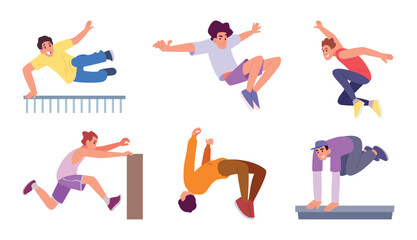 Parkour. Extreme outdoor runners and jumpers in urban streets exact vector active lifestyle sport athletes