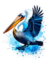 Colorful pelican in flight