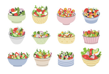 Salads. Fresh pieces of vegetables green herbs tomatoes recent vector cooking salads in bowls