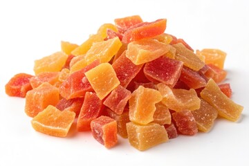 Colorful Dried Fruit Pieces Arranged in a Small Pile on a White Surface
