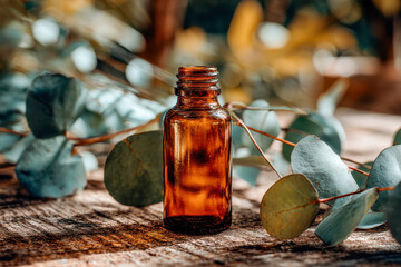 Amber glass bottle set on rustic wood table surrounded by eucalyptus leaves and warm ambient lighting creating a natural and calming atmosphere