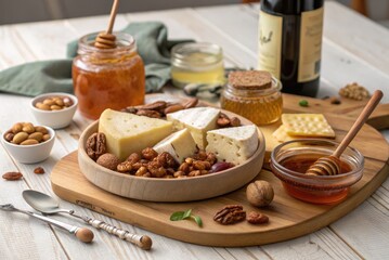 Delicious Cheese Platter With Nuts, Honey, and Wine on a Rustic Table Setting