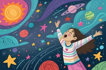 Joyful Girl Exploring a Colorful Space Filled With Stars and Planets