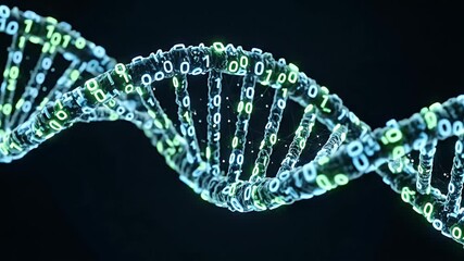 Abstract Digital DNA Strand Representation Against Dark Background with Glowing Blue and Green Binary Code - Powered by Adobe