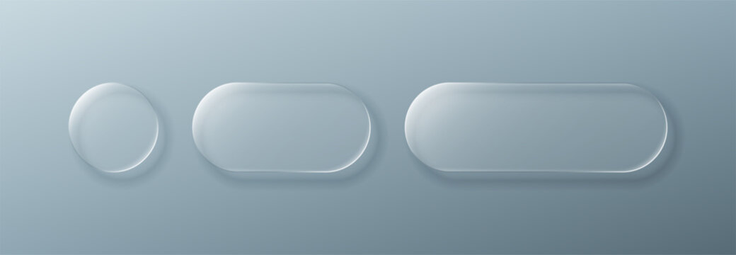 Set of liquid glass morphism blank shapes, including circle, rounded square, and rectangle. Modern abstract design template for UI, UX, web application.