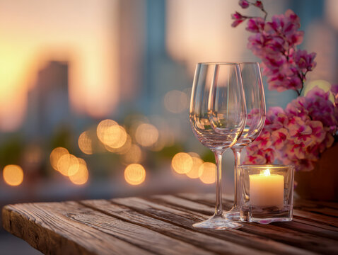Romantic outdoor evening setting with wine glasses, lit candle, and vibrant pink flowers on rustic wooden table against softly blurred cityscape background at sunset