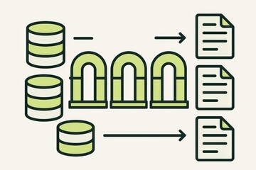 Visual representation of data transformation showcasing elegant database structure flowing seamlessly into organized document output demonstrating efficiency and modern information management