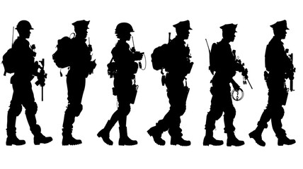 Collection of police officer silhouettes showcasing various poses and activities in a 2D vector style