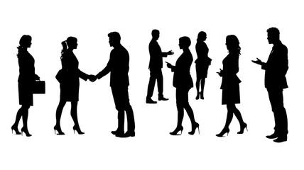 Sales representatives networking and engaging in business conversations during a professional event, showcasing various silhouettes in a modern style