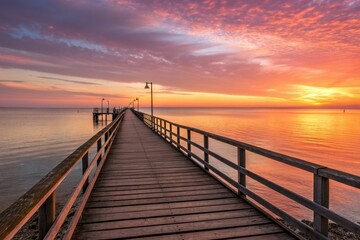 Obraz premium Beautiful Sunset Over the Calm Water at a Wooden Pier During Twilight