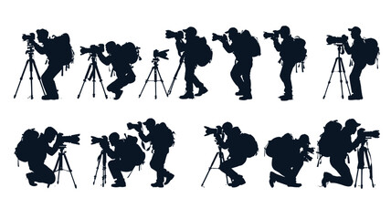 Silhouettes of photographers at work capturing moments in various poses during a busy outdoor setting