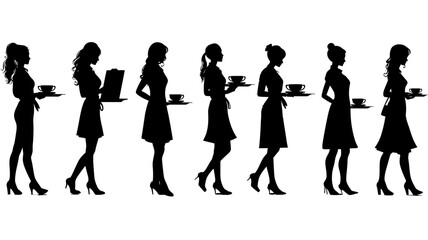 Collection of waiter and waitress silhouettes designed for restaurant or cafe themes in simple vector style