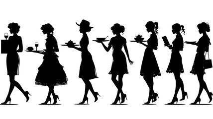 Collection of waiter and waitress silhouettes showcasing various actions in a sleek 2D vector style