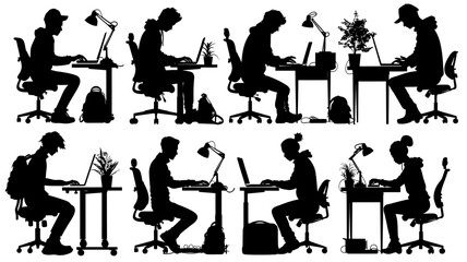 Collection of software developer silhouettes working at desks with laptops and plants in a simple, minimalistic style