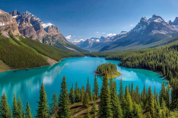 Serene turquoise glacial lake surrounded by dense evergreen forests and dramatic snow-capped mountain peaks under a clear blue sky in a remote wilderness setting