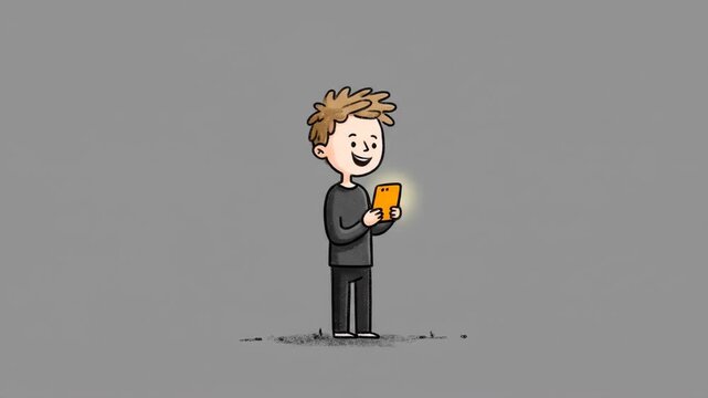 Cute Cartoon Boy Character Using a Glowing Mobile Phone Animation.