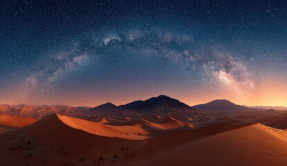 Naklejka premium Vast desert landscape under a vibrant night sky with the Milky Way