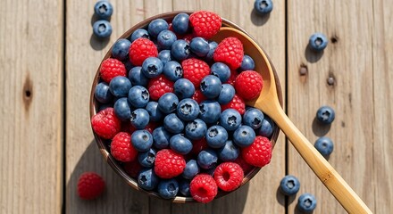 Top-down view of a bowl filled with mixed blueberries and raspberries with a wooden spoon on a rustic wooden table, bright natural light, healthy fresh fruit concept.