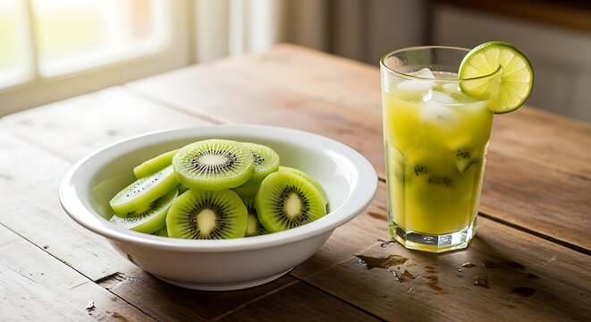 A bowl of kiwi slices on a rustic wooden table with a glass of kiwi juice beside it, bright natural light, fresh fruit and healthy drink concept.