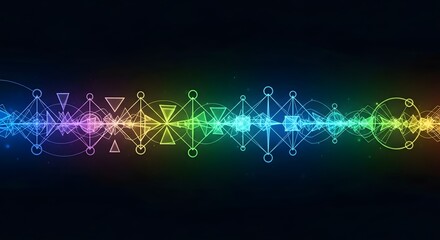 Abstract colorful wave pattern with geometric shapes and glowing particles on black background