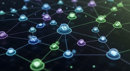 Connected cloud icons forming a network structure with glowing lights on dark background