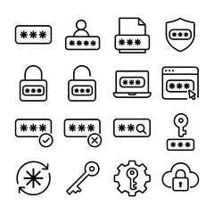 Cyber security vector icon collection. Outline symbols. Line design