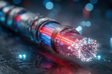 Detailed view of illuminated fiber optic cable with glowing light strands transmitting data over modern electronic circuit board background