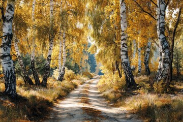 Fototapeta premium Embracing fall: a golden passage through nature's frozen paintbrush. Lifestyle shot. Golden leaves and misty horizons: an autumnal birch lined scenic route. Modern design. Color background.