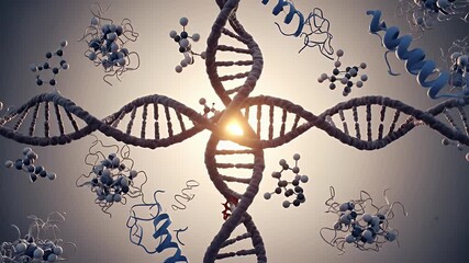 Abstract DNA Helix Visualization With Intertwined Double Strands Molecules And Light Flare Effect On Gray Background - Powered by Adobe
