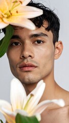 Close-up man with flowers