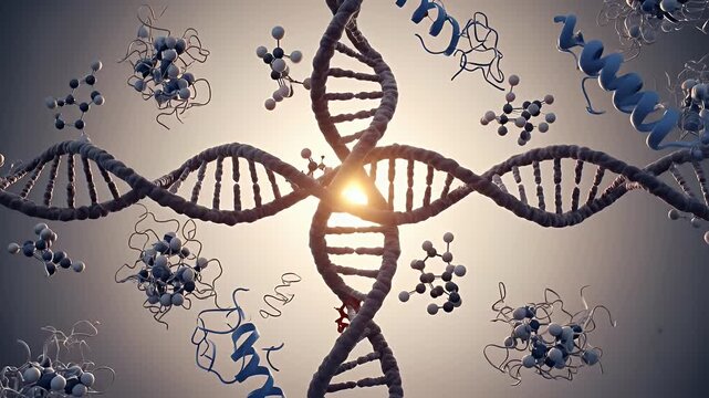 Abstract DNA Helix Visualization With Intertwined Double Strands Molecules And Light Flare Effect On Gray Background