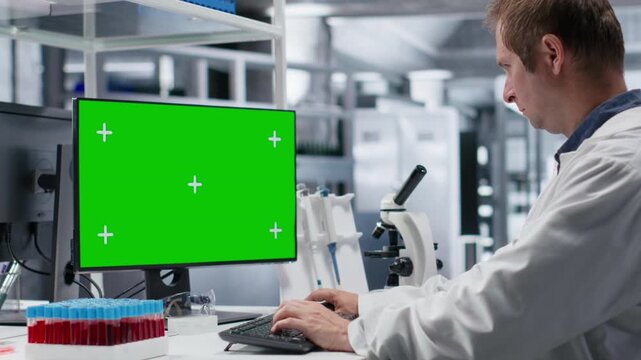 Mockup on desktop next to scientist conducting professional analysis in chemistry lab, experiment data for molecular science. Advanced research, pharmacology and biotechnology discovery. Camera B. - Powered by Adobe