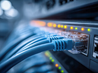 Close-up view of blue ethernet cables securely connected to network switch ports with glowing status indicator lights signaling active data transfer in a server room environment