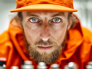 Close-up of a male technician examining electronic components with intense focus