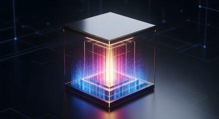 Abstract glowing cube with neon light beams inside, representing technology and data