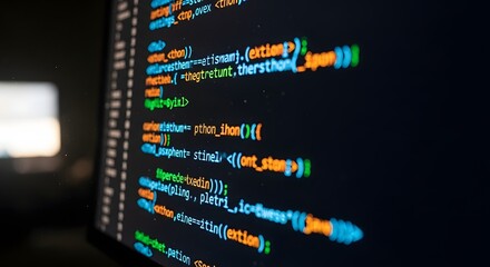 Closeup of computer screen displaying lines of colorful code in a dark room