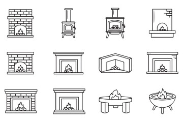 Various styles of fireplaces and woodburning stoves, including brick, modern, and outdoor fire pit designs isolated on transparent background