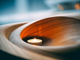 Obraz premium Small lit candle placed inside the smooth curved wooden bowl creating a warm cozy atmosphere with soft background lighting and natural textures