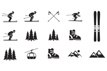 Collection of skirelated icons including skiers, trees, ski boots, ski poles, a ski lift, and mountains, isolated on transparent background