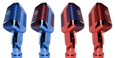 Red and Blue Classic Vintage Microphone Set on a Transparent Background. Transparent PNG.