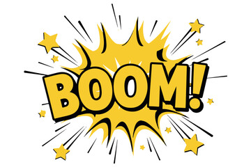A vibrant comic book style explosion graphic with the word boom in bold yellow letters and radiating lines, isolated on transparent background