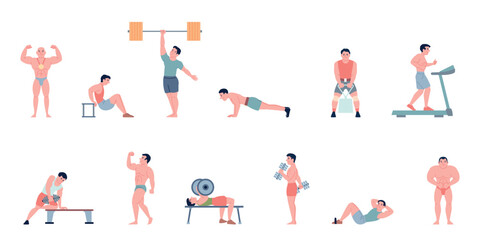 Bodybuilder characters. Bodybuilders posing and training in gym. Male fitness models, flat athletic muscular characters. Gymnastic recent vector set