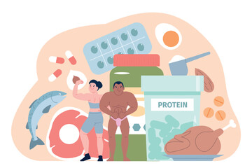 Sport nutrition. Bodybuilders with various protein food, supplements, vitamins. Healthy diet for fitness models and athletes, fish, meat, nuts, recent vector scene
