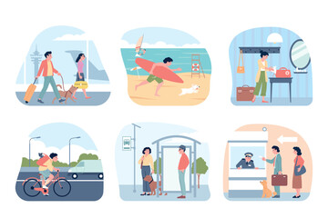 Travel with pets. People tourists hike, vacation with dogs and cats. Traveling around city by bus with dog, transportation pet in bags, recent vector scene