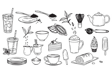 Collection of handdrawn black and white icons related to hot and cold beverages, desserts, and tea ceremony elements isolated on transparent background